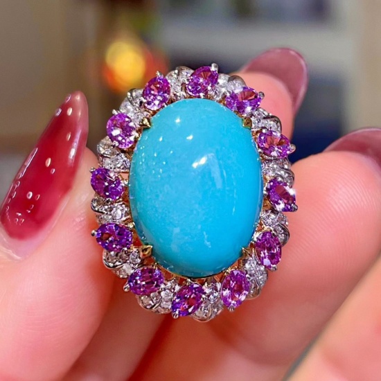 14k Gold 9.19 Ctw Natural Blue Turquoise & Sapphire Ring