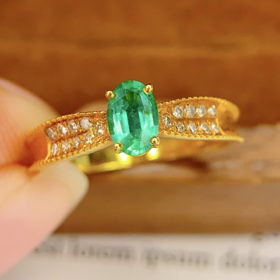 14k Gold 0.6 Ct Natural Emerald & Diamond Ring