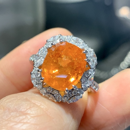 14k Gold 8.64 Ctw Natural Spessartine & Diamond Ring