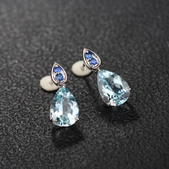 14k Gold 3.68 Ct Natural Aquamarine & Sapphire Earrings