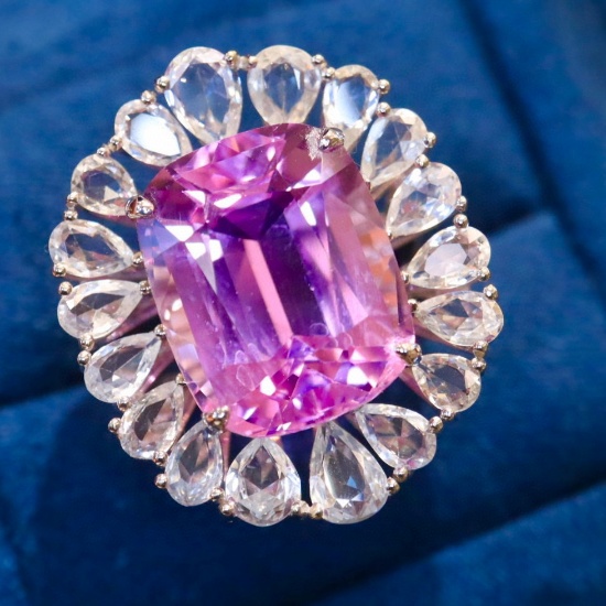 14k Gold 20.03 Ctw Natural Kunzite & Sapphire Ring