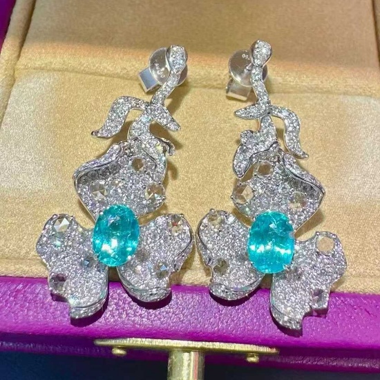 14k Gold 3.78 Ctw Natural Paraiba Tourmaline & Diamond Earrings