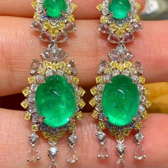 14k Gold 7 Ct Natural Emerald & Diamond Earrings