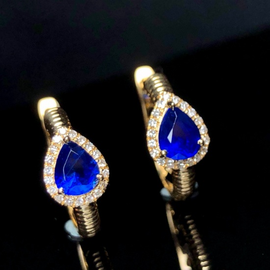 14k Gold 1.22 Ctw Vivid Blue Natural Sapphire & Diamond Earrings