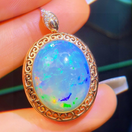 14k Gold 14.23 Ct Natural Opal & Diamond Pendant( Without Chain )