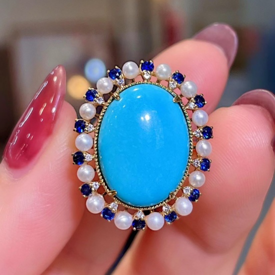 14k Gold 6.80 Ctw Natural Blue Turquoise & Sapphire Ring