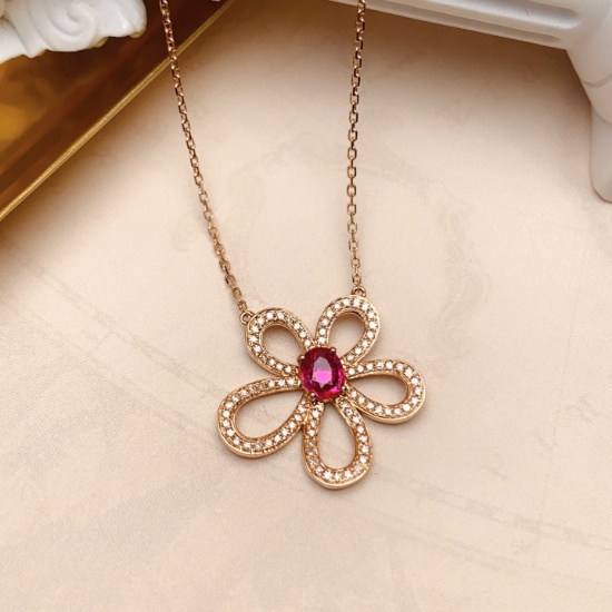 14k Gold 0.48 Ct Natural Ruby & Diamond & Flowers Necklace