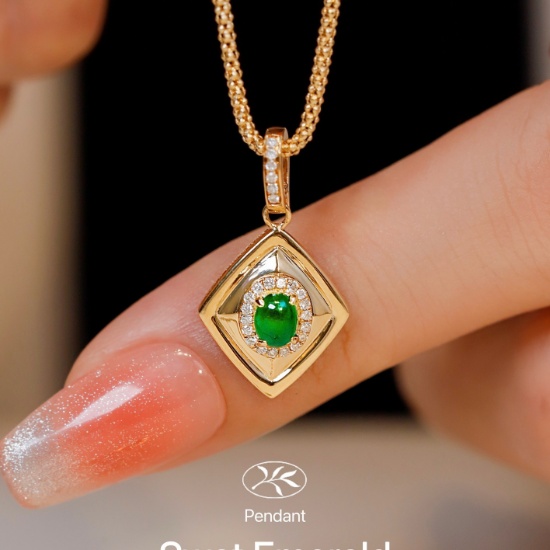 14k Gold 0.31 Ctw Vivid Green Natural Emerald & Diamond Pendant( Without Chain )