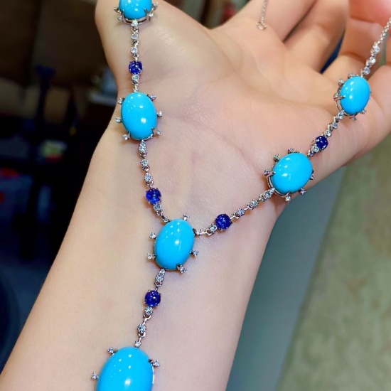 14k Gold 37.20 Ctw Natural Blue Turquoise & Sapphire Necklace