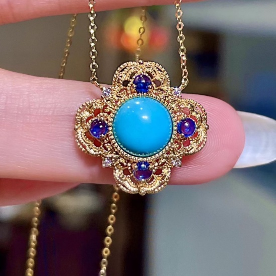 14k Gold 0.36 Ct Natural Sapphire & Blue Turquoise & Diamond Necklace