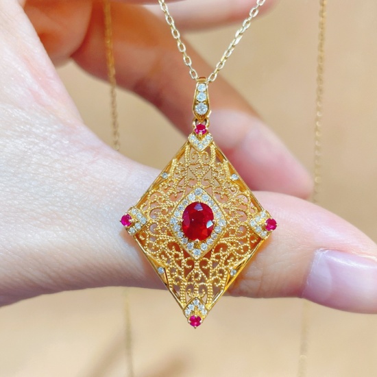 14k Gold 1.08 Ctw Natural Ruby & Diamond Pendant( Without Chain )