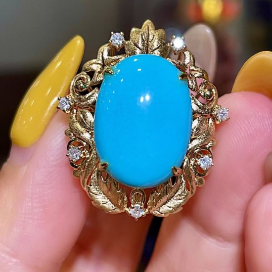 14k Gold 9.36 Ctw Natural Blue Turquoise & Diamond Ring