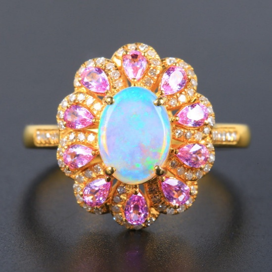 14k Gold 0.94 Ctw Natural Opal & Diamond Ring