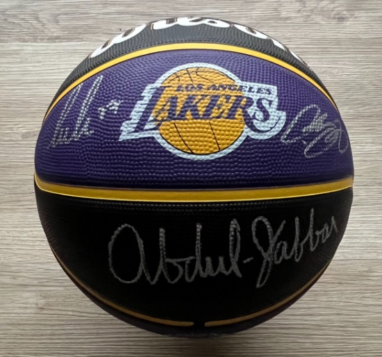 LeBron James, Magic Johnson, Luka Doncic & Kareem Abdul-Jabbar Signed Lakers Logo Ball With COA