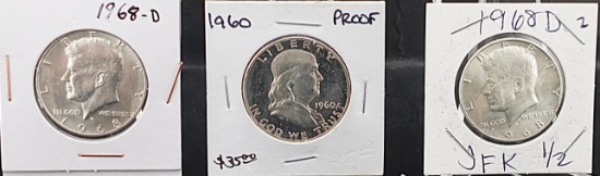 (2) 1968-D Kennedy and (1) 1960 Proof Franklin Half Dollar