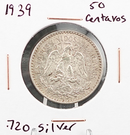 (3) Silver Coins. 1939 50 Centavos Mexican Coin, 915 1 Krona Swiss Coin and 1966 Canadian Half Do...