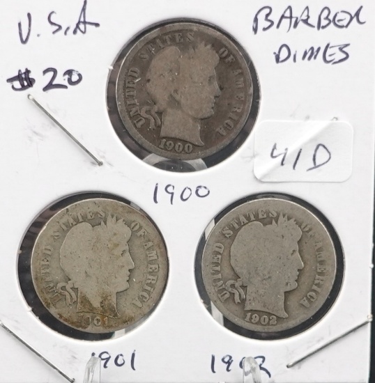 (3) Barber Dimes 1900, 1901 and 1902