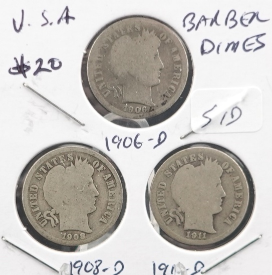 (3) Barber Dimes 1906-D, 1908-D and 1911-D