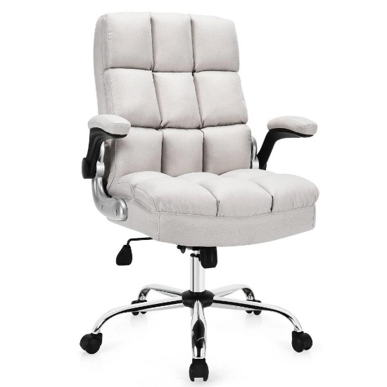 Costway High Back Big & Tall Office Chair Adjustable Swivel w/Flip-up Arm - Beige