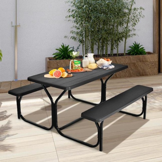Costway Black Rectangle Metal Picnic Table Bench Set with Extension