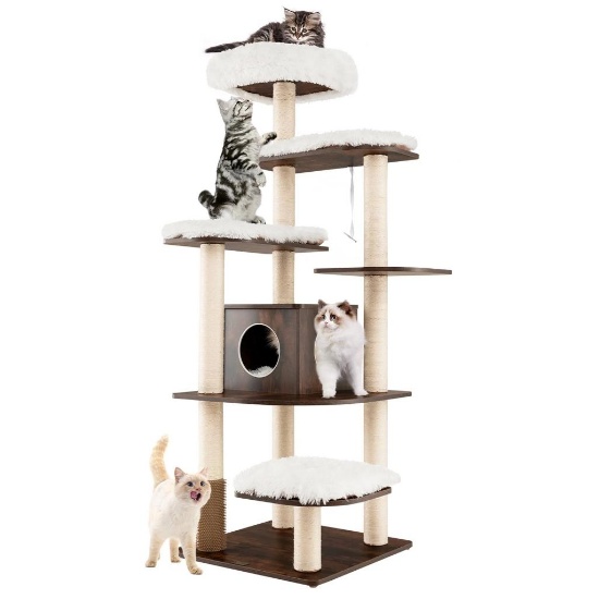 Costway 7-Layer Wooden Cat Tree, Tall Cat Tower with Sisal Posts - Condo Brown