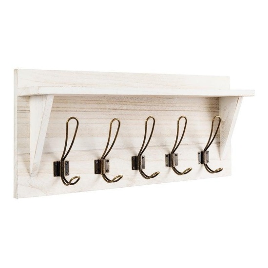 Costway Entryway Hanging Shelf, Rustic Wooden Wall-Mounted Coat Rack in White