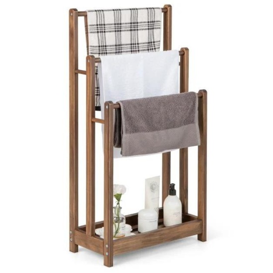 Freestanding Towel Rack, 3-Bar Hand Towel, Drying Stand with Bottom Storage Shelf - Rustic Brown