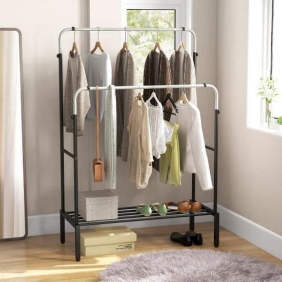 Double Rod, Clothes Garment Rack with Adjustable Heights, Silver