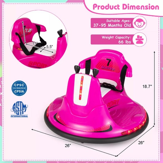 Honeyjoy 12V Bumper Car for Kids/Toddlers Electric Ride On with 360... Spin - Pink