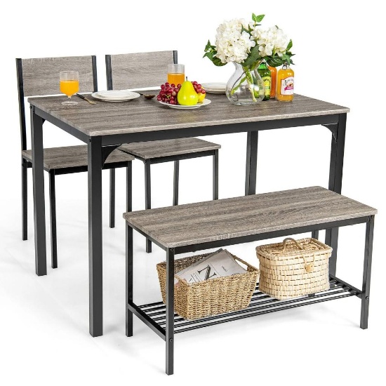 Costway 4 Pieces Rustic Dining Table Set with 2 Chairs and Bench