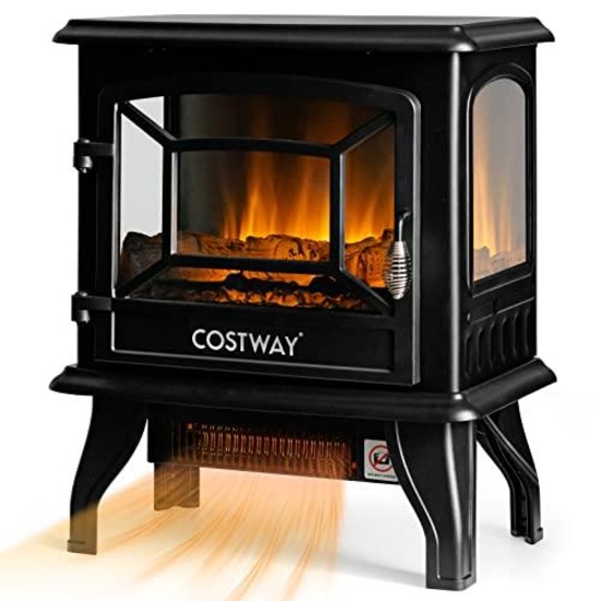 COSTWAY Electric Fireplace Heater w/ Dancing Flame Effect and Adjustable Thermostat, 1400W