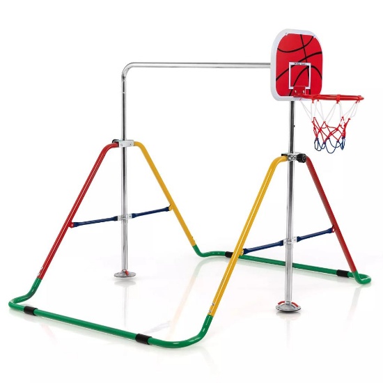 Kids Gymnastics Horizontal Bar w/ Basketball Hoop & Ball