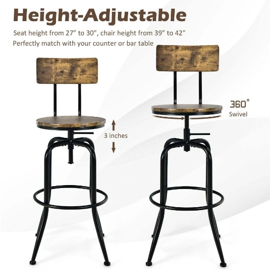 Bar Stools w/ Adjustable Swivel - Set of 2 - Brown