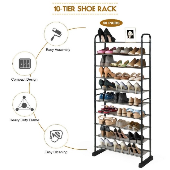 Costway 10-Tier Free-Standing Metal Frame Shoe Rack - Black