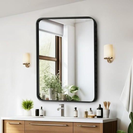 24x36 Inch Large Bathroom Mirror w/ Tempered Glass, Hangs Horizontally or Vertically