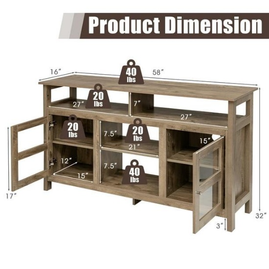 Costway 58'' TV Stand Entertainment Console Center W/ 2 Cabinets Up to 65'' - Grey
