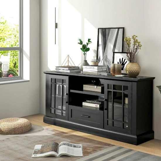 Costway TV Stand for TVs up to 70" with Glass Door Cubbies and Drawer - White