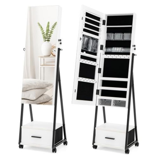Costway Jewelry Cabinet Armoire Full Length Mirror Lockable w/ Bottom Drawer & Wheels - White
