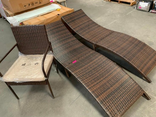 Set of 2 Brown Wattan Wicker Wavy Beach Chairs and Patio Chair w/ Cushion
