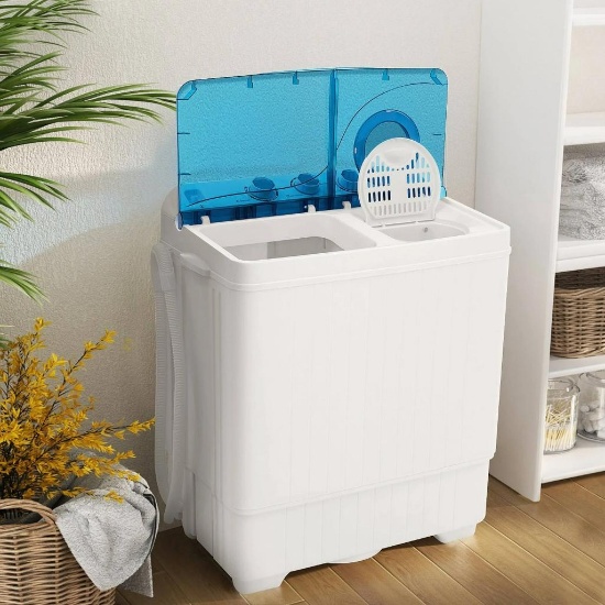 Costway Portable Semi-automatic Washing Machine with Built-in Drain Pump - White/Blue