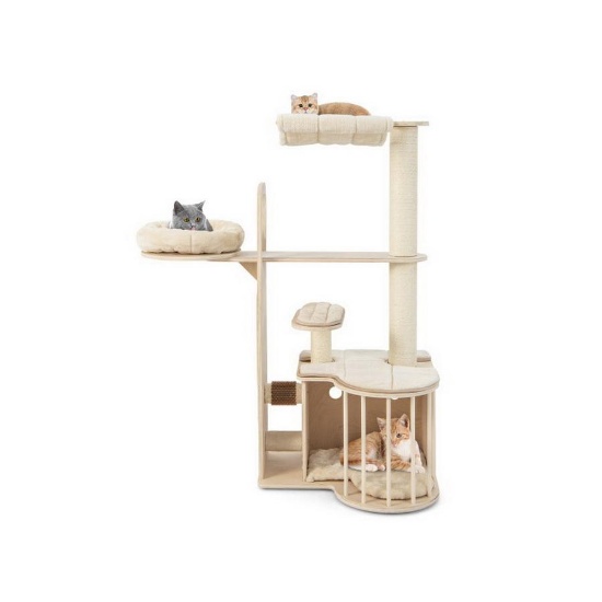 55" Tall Multi-Level Cat Tree with Washable Removable Cushions-Beige