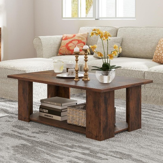 Giantex Rectangle Wood Center Table, 41" L 2-Tier Large Modern Tea Table w/Open Compartment - Brown