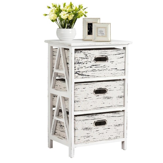 Costway Chest w/3 Fabric Drawers Vintage Wood Frame End Table Side Sofa Table Nightstand