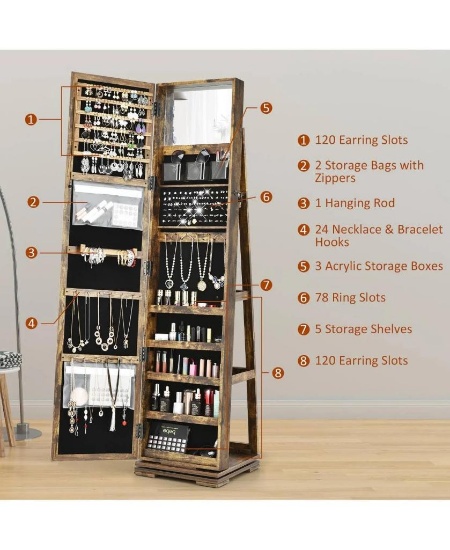 Costway 360... Rotatable Jewelry Cabinet Armoire 2-in-1 Lockable Mirrored