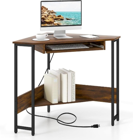 Small Corner Computer Desk w/ Keyboard Tray & Storage Shelf