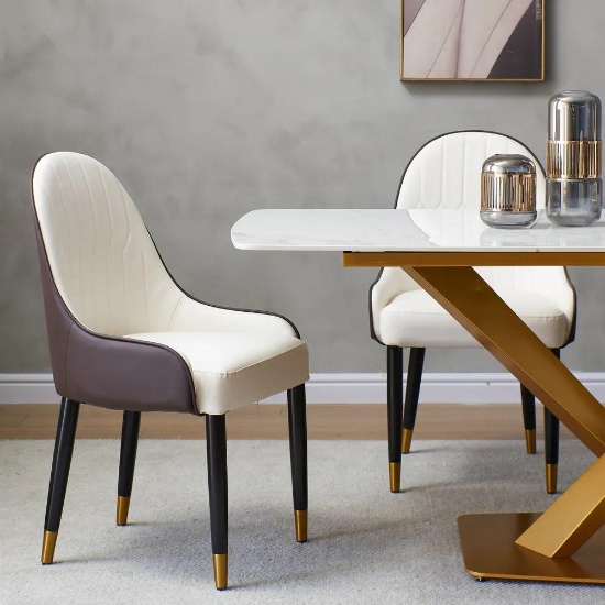 Dining Chair Set with PU Leather White Solid Wood Metal Legs (Set of 2)