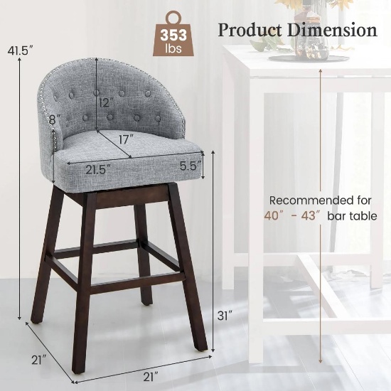 Set of 2 Swivel Bar Stools with Rubber Wood Legs and Padded - Beige