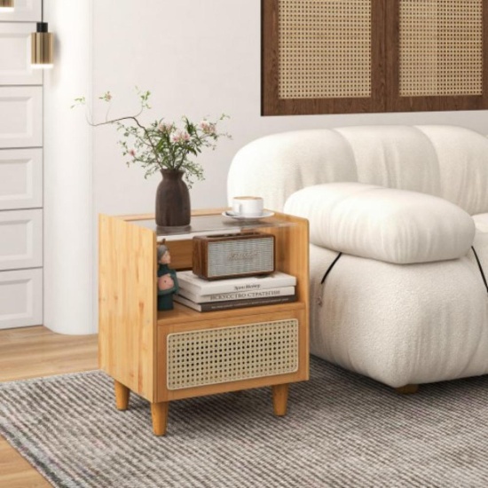 2 Piece Bamboo Rattan Nightstand with Drawer & Solid Wood Legs, Natural