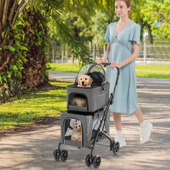 3-in-1 Foldable Double Pet Stroller - Grey