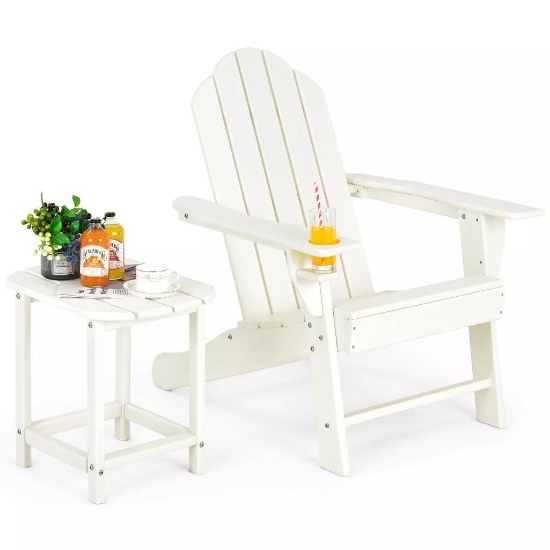 Costway 2PC Patio Adirondack Chair Side Table Weather Resistant Cup Holder - White